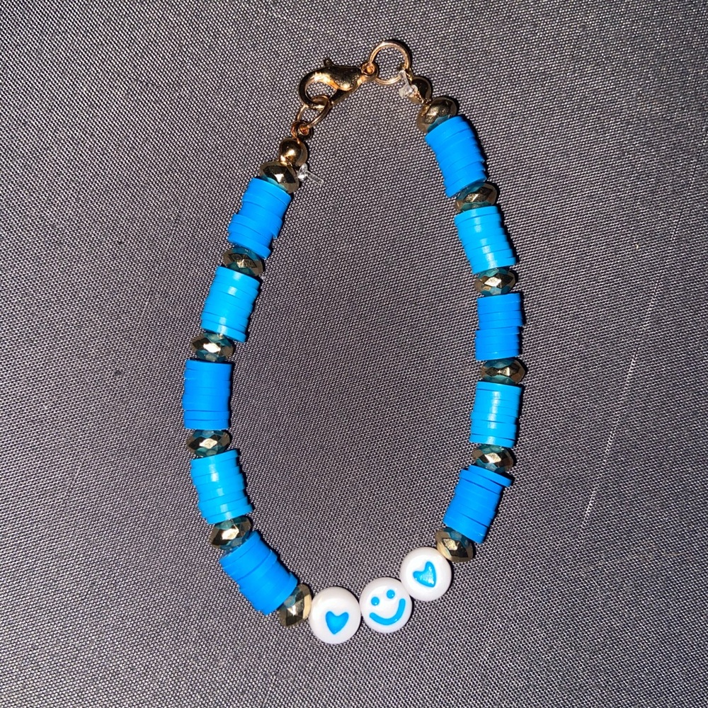 Blue and White Beaded Bracelet with Smiley Faces